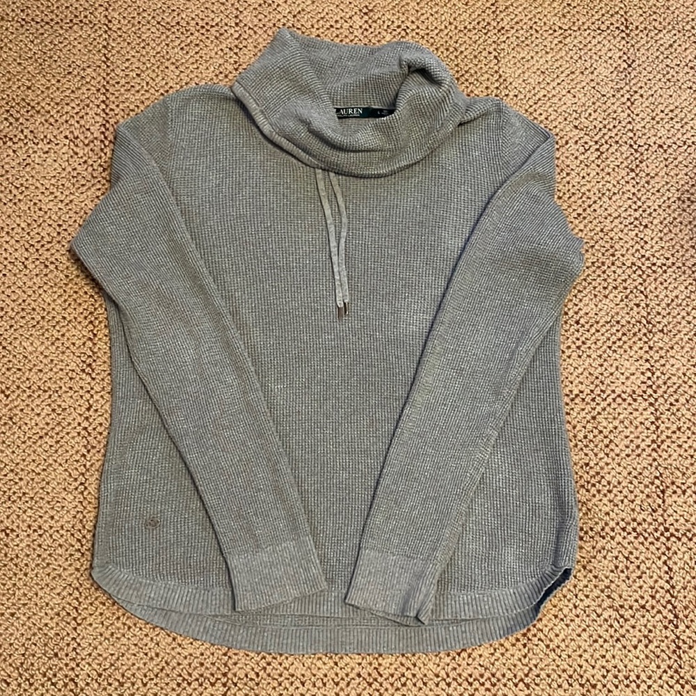 Sage green (almost a gray) 100% cotton sweater with roll over collar